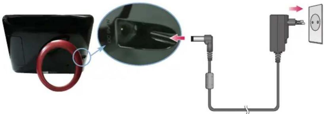 Diagram showing cable installation process with magnified view of connector and power outlet connection