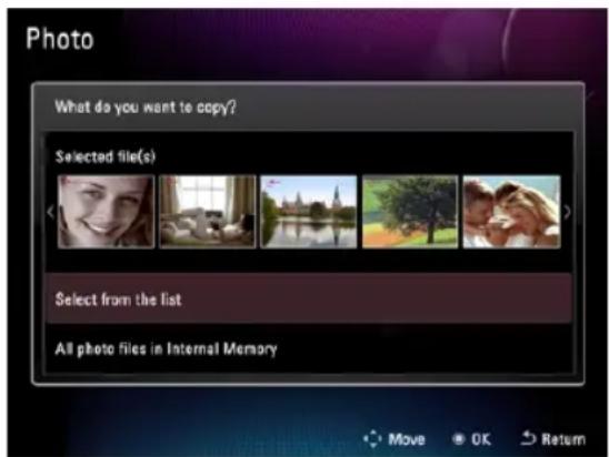 Photo What do you want to copy? Selected file(s) Select from the list All photo files in Internal Memory
