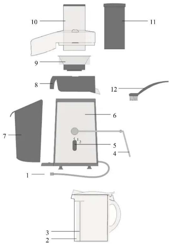 Exploded diagram of a coffee maker with numbered parts for identification