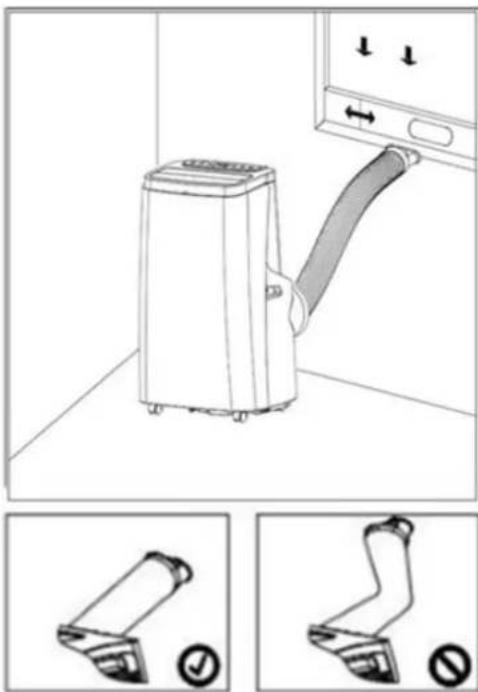 Diagram showing a portable air conditioner unit with directional arrows and three close-up views of the device's buttons.