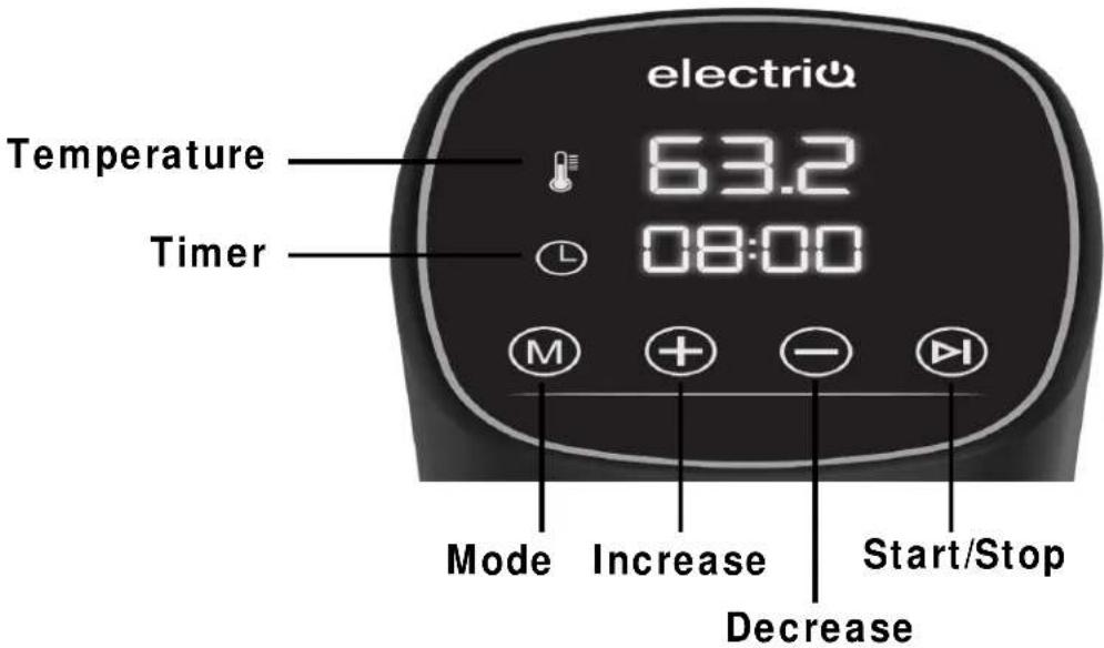 electri& Temperature 63.2 Timer 08:00 Mode Increase Start/Stop Decrease