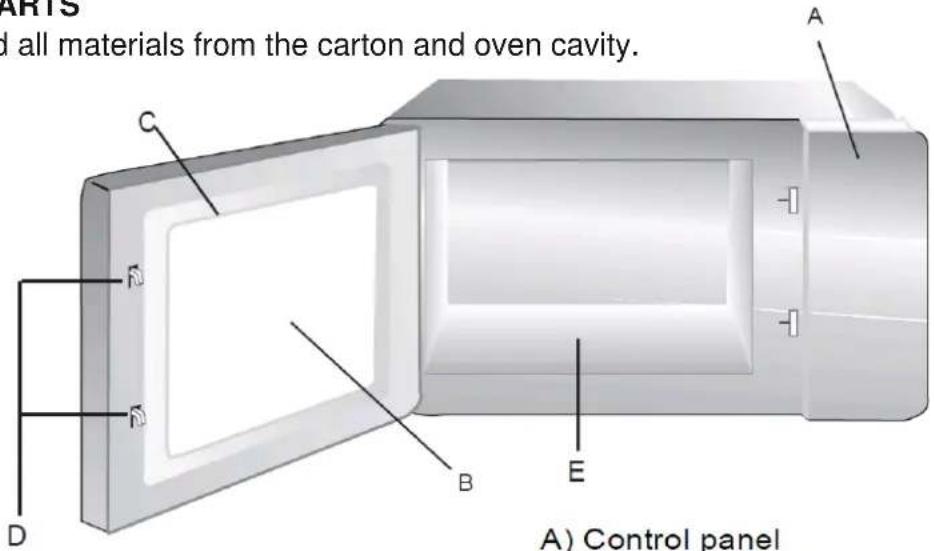 ARTS and all materials from the carton and oven cavity. A C D B E A) Control panel