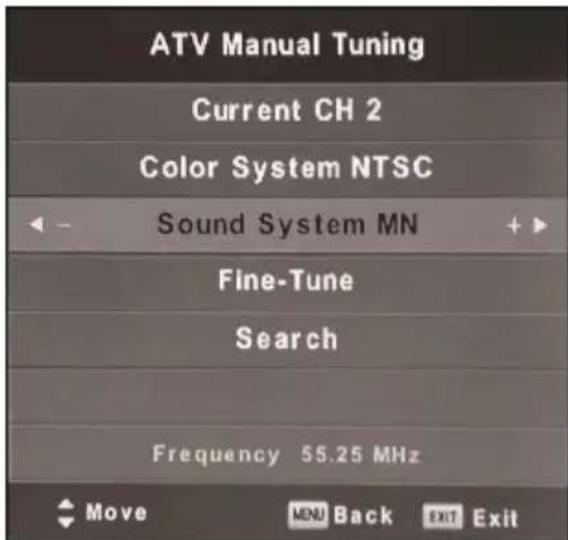 ATV Manual Tuning Current CH 2 Color System NTSC Sound System MN Fine-Tune Search Frequency 55.25 MHz Move MBN Back Exit Exit