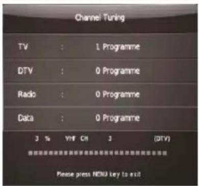 Channel Tuning TV : 1 Programme DTV : 0 Programme Radio : 0 Programme Data : 0 Programme 3 % VHF CM 3 (DTV) Please press MENU key to exit