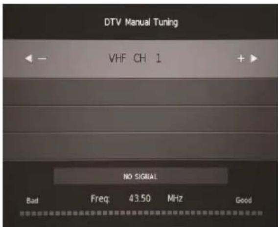 DTV Manual Tuning VHF CH 1 NO SIGNAL Bad Freq: 43.50 MHz Good