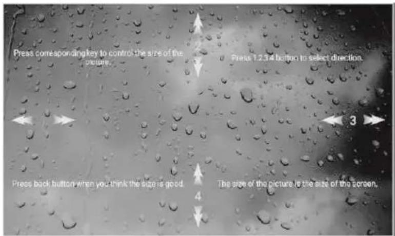 Press corresponding key to control the size of the picture. Press 1.2.3.4 button to select direction. Press back button when you think the size is good. The size of the picture is the size of the screen.
