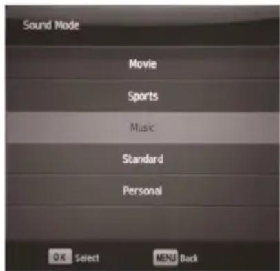 Sound Mode Movie Sports Music Standard Personal OK Select MENU Back