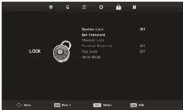 System Lock Set Password Channel Lock Parental Gansuine Key Lock Hotel Mode OFF OFF OFF OK Move Add Return Go Select Add Exit