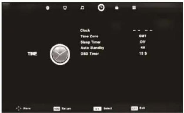Clock Time Zone GMT Sleep Timer Off Auto StandBy 4N OSD Timer 15 S TIME