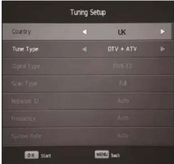 Tuning Setup Country UK Tune Type DTV + ATV Digital Type DPB-T2 Scan Type Full Network ID Auto Frequency Auto Symbol Rate Auto OK Start MENU Back