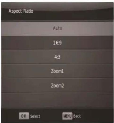 Aspect Ratio Auto 16:9 4:3 Zoom1 Zoom2 OK Select MENU Back