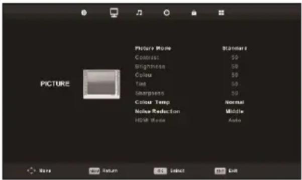Picture Picture More Standard Contrast 50 Brightness 50 Colour 50 Tint 50- Sharpness 50 Colour Temp Normal Noise Reduction Middle HDMI Mode Audio None New Return OK Select Help Exit