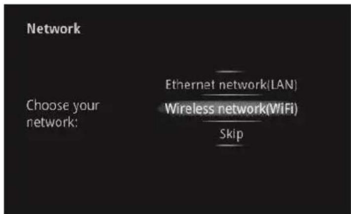 Network Choose your network: Ethernet network(LAN) Wireless network(WiFi) Skip