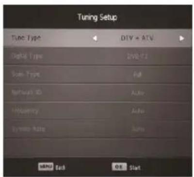 Tuning Setup Type Type DTV + ATV Digital Type 240.71 Scale Type Full Frequency ID Auto Frequency Auto Audio Rate Auto SAND Test OK Start