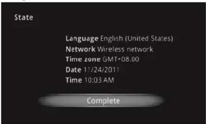 State Language English (United States) Network Wireless network Time zone GMT+08.00 Date 11/24/2011 Time 10:03 AM Complete