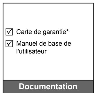 ✓ Carte de garantie* ✓ Manuel de base de l'utilisateur Documentation