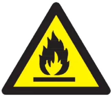 Warning sign depicting a flame symbol in yellow and black, indicating hazard or electrical hazard.
