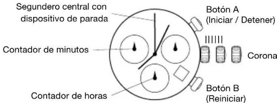 Segundero central con dispositivo de parada Contador de minutos Contador de horas Botón A (Iniciar / Detener) Corona Botón B (Reiniciar)