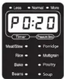 Loss Normal More P0:20 Timer Pressure Meat/Slow • Porridge Rice • Multigrain Bake • Poultry Beans • Soup