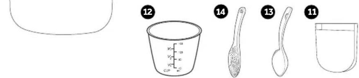 Illustration showing four common containers: a measuring cup, a spoon, a cup with liquid, and a beaker with a spoon.