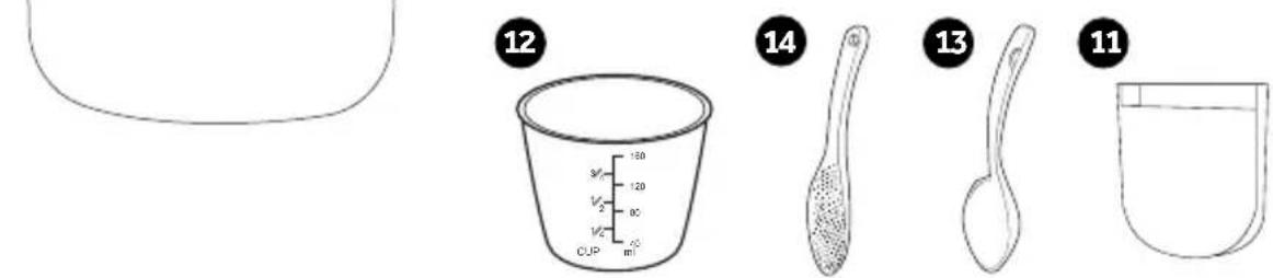 Illustration showing four common containers: a measuring cup, a spoon, a cup with liquid, and a beaker, each labeled with a numbered number.