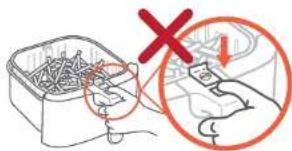 Diagram showing a hand holding a tool with a red X symbol and a downward arrow, alongside a container of wires inside a container.