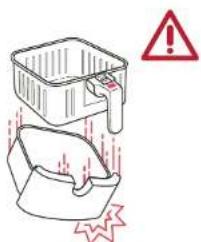 Safety warning illustration showing a container with warning symbols and red warning signs indicating hazard or failure.