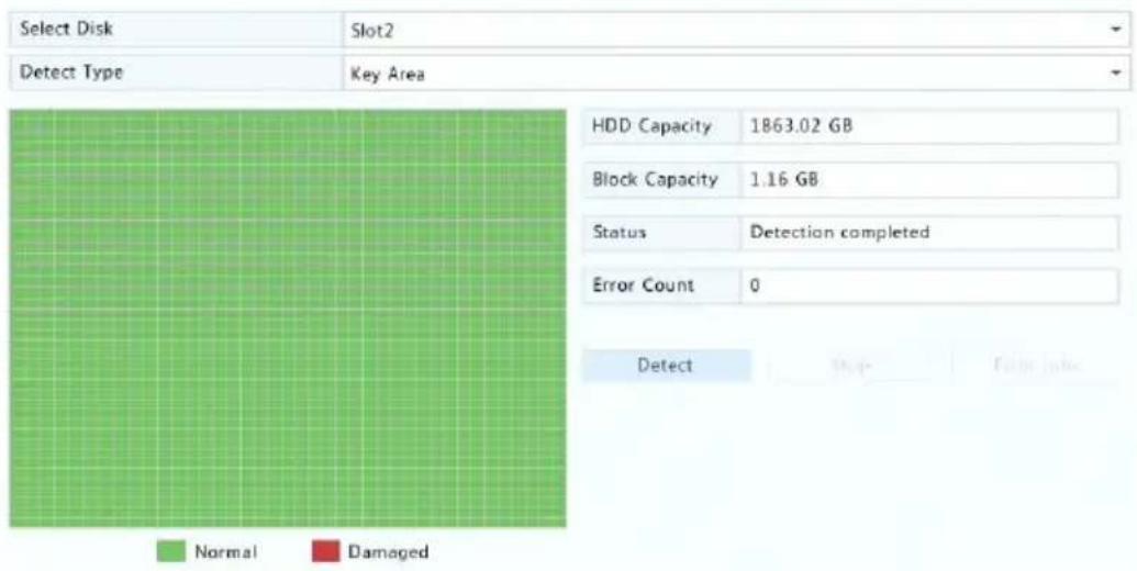 Select Disk Slot2 Detect Type Key Area HDD Capacity 1863.02 GB Block Capacity 1.16 GB Status Detection completed Error Count 0 Detect Stop Failure Tools Normal Damaged