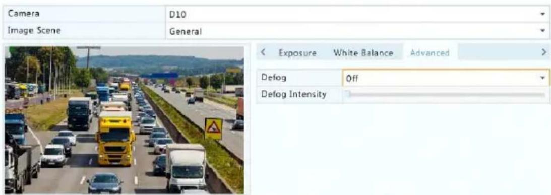 Camera Image Scene D10 General < Exposure White Balance Advanced > Defog Off Defog Intensity