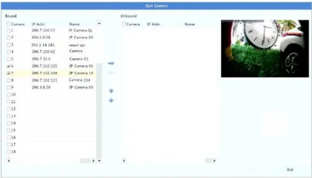 Sort Camera Bound □ Camera IP Addr Name □ 1 206.7.100.57 IP Camera 01 □ 2 206.3.0.28 IP Camera 09 □ 3 206.2.14.181 smart ipc □ 4 206.7.100.62 Camera □ 5 206.7.33.6 Camera 01 ✓ 6 206.7.102.225 IP Camera 06 ✓ 7 206.7.102.104 IP Camera 19 □ 8 206.7.102.121 Camera 234 □ 9 206.3.0.28 IP Camera 09 □ 10 □ 11 □ 12 □ 13 □ 14 □ 15 □ 16 □ 17 □ 18 ✓ Unbound □ Camera IP Addr Name ✓