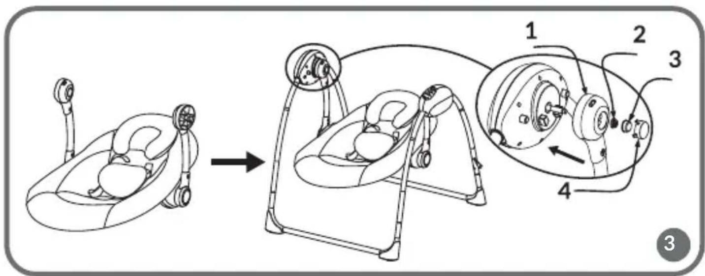 Diagram illustrating the assembly of a baby seat with labeled parts and directional arrows indicating motion.