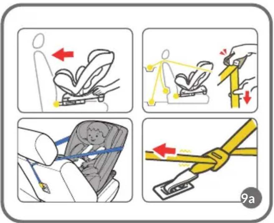 Illustration showing four steps of car seatbelting with arrows indicating movement and change, labeled '9a' in corner.