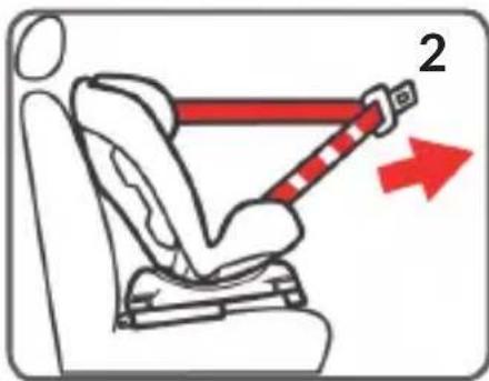 Diagram showing car seatbelt buckle with red belt and arrow indicating direction