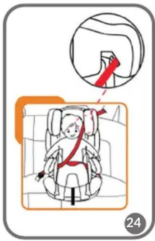 Diagram illustrating car seatbelt usage with a baby seated in a seatbelt, showing red belt and red cable.