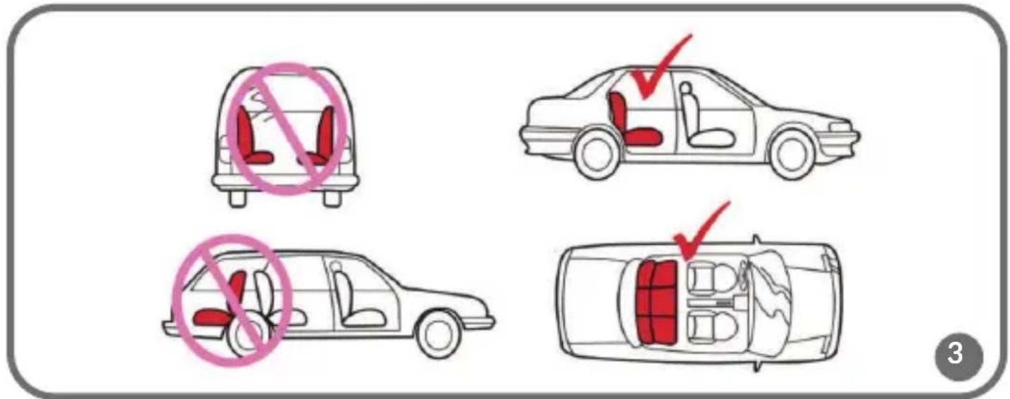 Diagram showing car seatbelting and parking rules with no text labels, including checkmarks for correct or incorrect actions.