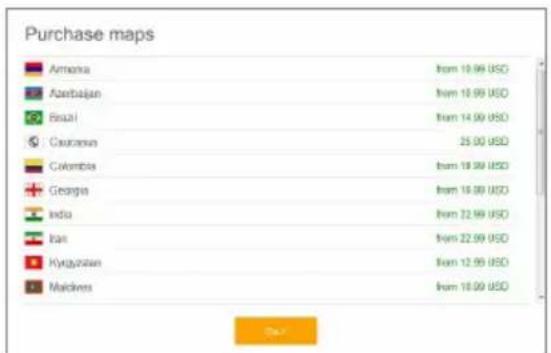 Purchase maps Amena Item 18.99 USD Azerbaijan Item 18.99 USD Brazil Item 14.99 USD Caucasan 25.00 USD Colombia Item 18.99 USD Georgia Item 18.99 USD India Item 22.99 USD Iran Item 22.99 USD Kyrgyzstan Item 12.99 USD Maldives Item 18.99 USD