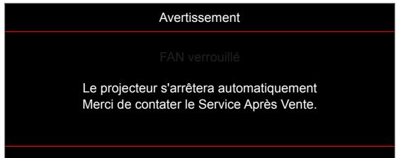 Avertissement FAN verrouillé Le projecteur s'arrêtera automatiquement Merci de contater le Service Après Vente.