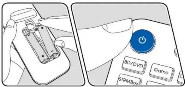 Diagram showing a hand holding a battery next to a control panel with buttons labeled BD/DVD, Game, and STRMBox.