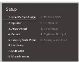 Setup 1. Input/Output Assign 1. TV Out / QED 2. Speaker 2. HDMI Input 3. Audio Adjust 3. Voice Input 4. Source 4. Digital Audio Input 5. Listening Mode Press 5. Analog Audio Input 6. Hardware 7. Multi Zone 8. Miscellaneous
