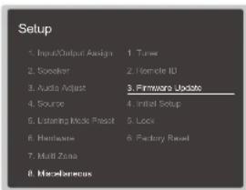 Setup 1. Input/Output Assign 1. Timer 2. Source 2. Remote ID 3. Audio Assist 3. Firmware Update 4. Source 4. Intel Setup 5. Listening Mode Press 5. Lock 6. Hardware 6. Factory Reset 7. Multi Zone 8. Macdarereus