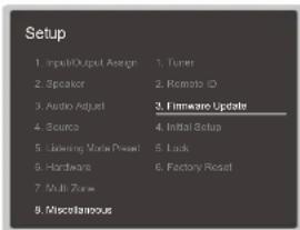 Setup 1. Input/Output Assign 1. Tuner 2. Speaker 2. Remote ID 3. Audio Adjust 3. Firmware Update 4. Source 4. Initial Setup 5. Listening Motor Press 5. Lock 6. Hardware 6. Factory Reset 7. Multi Zone 8. Miscellaneous