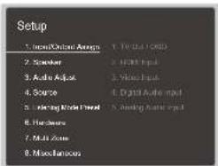 Setup 1. Audio/Control Assign 1. To Del 2020 2. Marker 2. F230 Input 3. Audio Adjust 2. Video Input 4. Source 4. Digital Audio input 5. Audio/Video Head 5. Audio/Audio Input 6. Hardware 7. Multi-Box 8. Miscellaneous