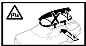 Diagram showing a car with warning symbols and labels for 'wind' (wind) and a warning triangle symbol.