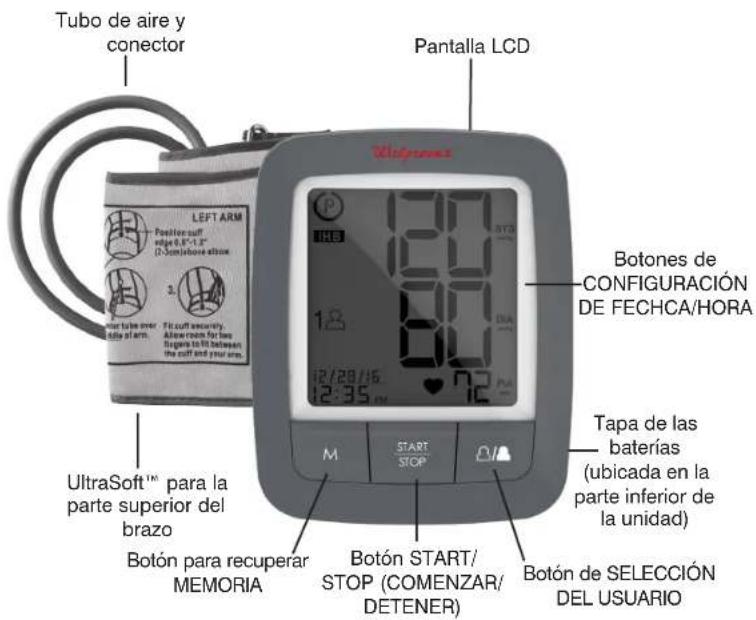 Tubo de aire y conector Pantalla LCD LEFT ARM Position cuff waje 0.5-1.2" Dombstone album 3. Borbo over dójo al arm. Fib cuff security. Allow room factors fugara to fit between the cuff and your arm. Botones de CONFIGURACIÓN DE FECHA/HORA UltraSoft™ para la parte superior del brazo Botón para recuperar MEMORIA 18 12/29/16 12:35 M START STOP Botón START/ STOP (COMENZAR/ DETENER) Botón de SELECCIÓN DEL USUARIO Tapa de las baterías (ubicada en la parte inferior de la unidad)