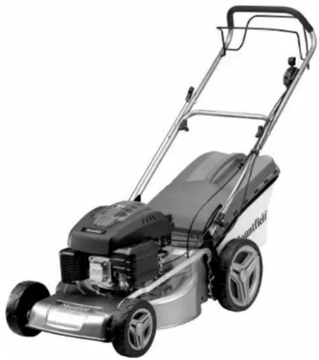 Black and white photo of a lawn mower with visible branding and mounting bracket (no text or symbols on the motor body)