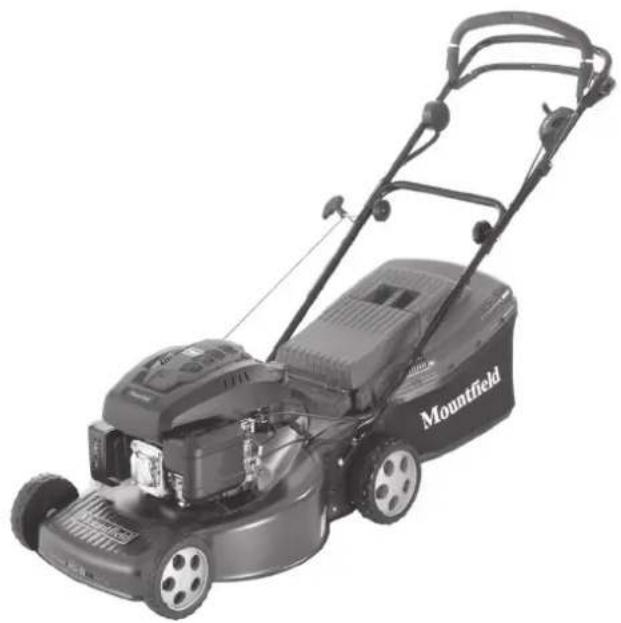 Black-and-white photo of a mounted lawn mower with 'Mountfield' branding visible on the side (no additional text or symbols)
