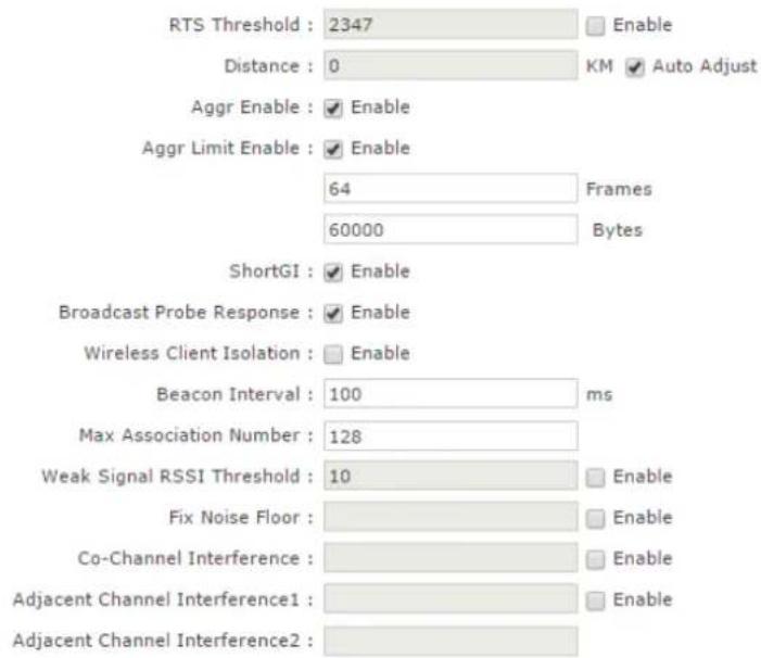 RTS Threshold : 2347 Enable Distance : 0 KM ✓ Auto Adjust Aggr Enable : ✓ Enable Aggr Limit Enable : ✓ Enable 64 Frames 60000 Bytes ShortGI : ✓ Enable Broadcast Probe Response : ✓ Enable Wireless Client Isolation : ✓ Enable Beacon Interval : 100 ms Max Association Number : 128 Weak Signal RSSI Threshold : 10 ✓ Enable Fix Noise Floor : ✓ Enable Co-Channel Interference : ✓ Enable Adjacent Channel Interference1 : ✓ Enable Adjacent Channel Interference2 : ✓ Enable