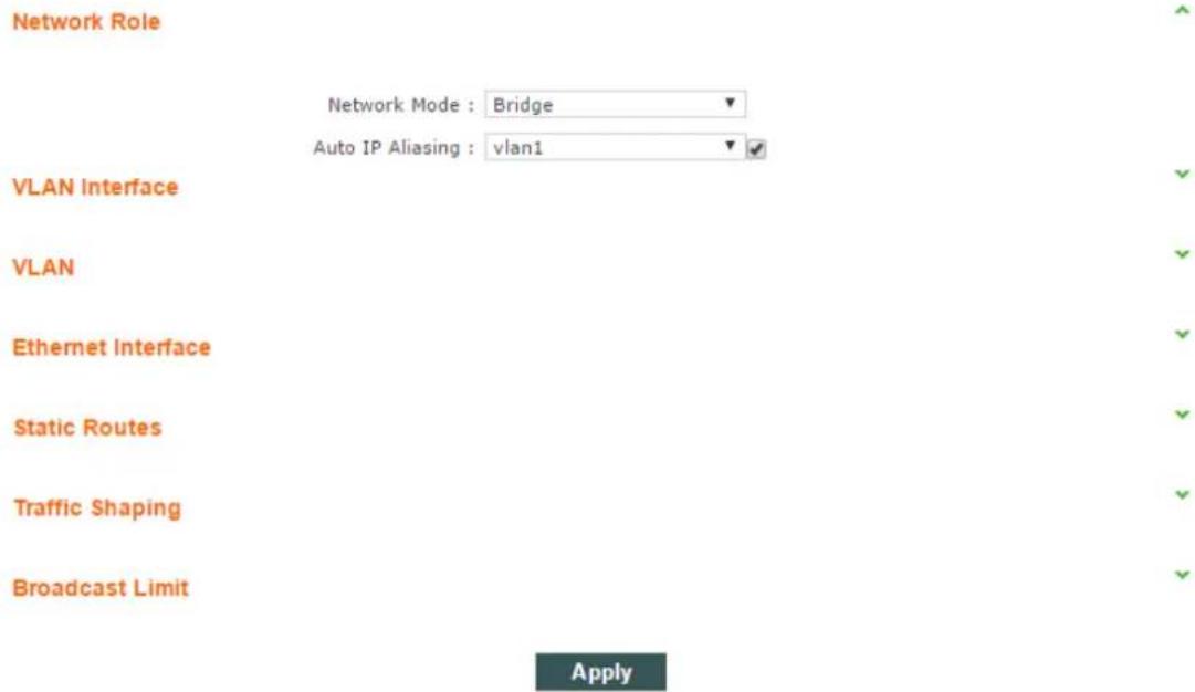 Network Role Network Mode : Bridge Auto IP Aliasing : vlan1 VLAN Interface VLAN Ethernet Interface Static Routes Traffic Shaping Broadcast Limit Apply