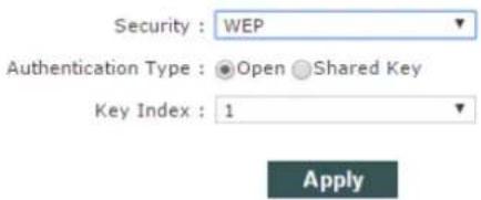 Security : WEP Authentication Type : ●Open Shared Key Key Index : 1 Apply