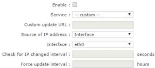 Enable : Service : -- custom -- Custom update URL : Source of IP address : Interface Interface : eth0 Check for IP changed interval : seconds Force update interval : hours